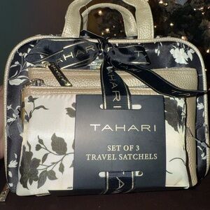 NWT Tahari Floral Travel Satchel Cosmetic Bags Set-Black & Cream Floral 3 Pieces